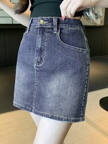 FRIFUL Chân váy denim nữ kiểu dáng thường ngày, đa năng, có túi xéo và lớp lót, thích hợp cho mùa hè. - Màu xanh lam - Xem 12