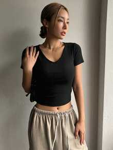 DAZY Kaos Lengan Pendek Polos Kasual, Atasan Crop Top Musim Panas Serbaguna, Pakaian Sehari-hari Warna Hitam - Hitam - View 3
