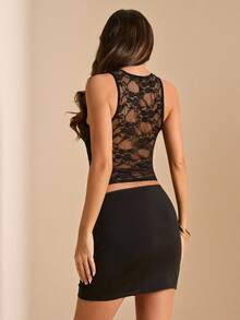 SHEIN BAE Bộ áo croptop và chân váy ngắn không tay bằng vải ren xuyên thấu, thanh lịch dành cho nữ, thích hợp cho mùa hè. - màu đen - Xem 2