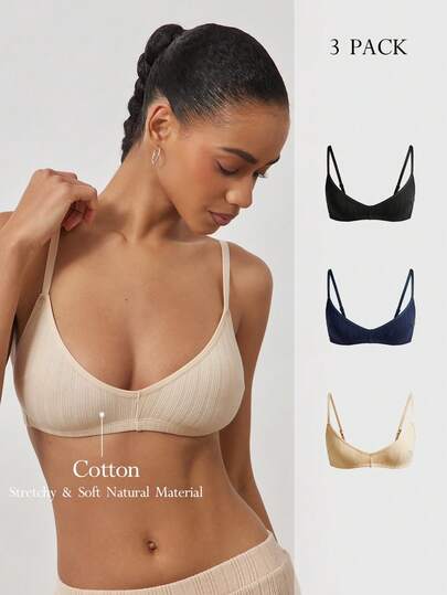 Ocili Set de 3 piezas de ropa interior básica minimalista y cómoda de 100% algodón acanalado, sujetador cómodo y elegante de estilo casual de otoño para mujer