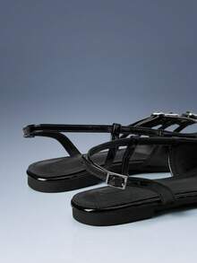 CUCCOO GRLICON Sapatos Femininos Outdoor, Bico Fino, Sola Plana, Tecido Leve PU, Design de Tira Estiloso, Simples, Confortável e Respirável, Festa Diária, Banquete, Praia, Estilo de Fivela, Adequado para Uso no Verão, Férias, Essencial para Viagens, Estilo Anos 2000 - Preto - Visão 5