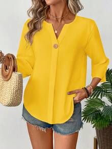 Balvessa Blusa de mujer de unicolor simple con cuello entallado para ir al trabajo - Amarillo - Ver 3