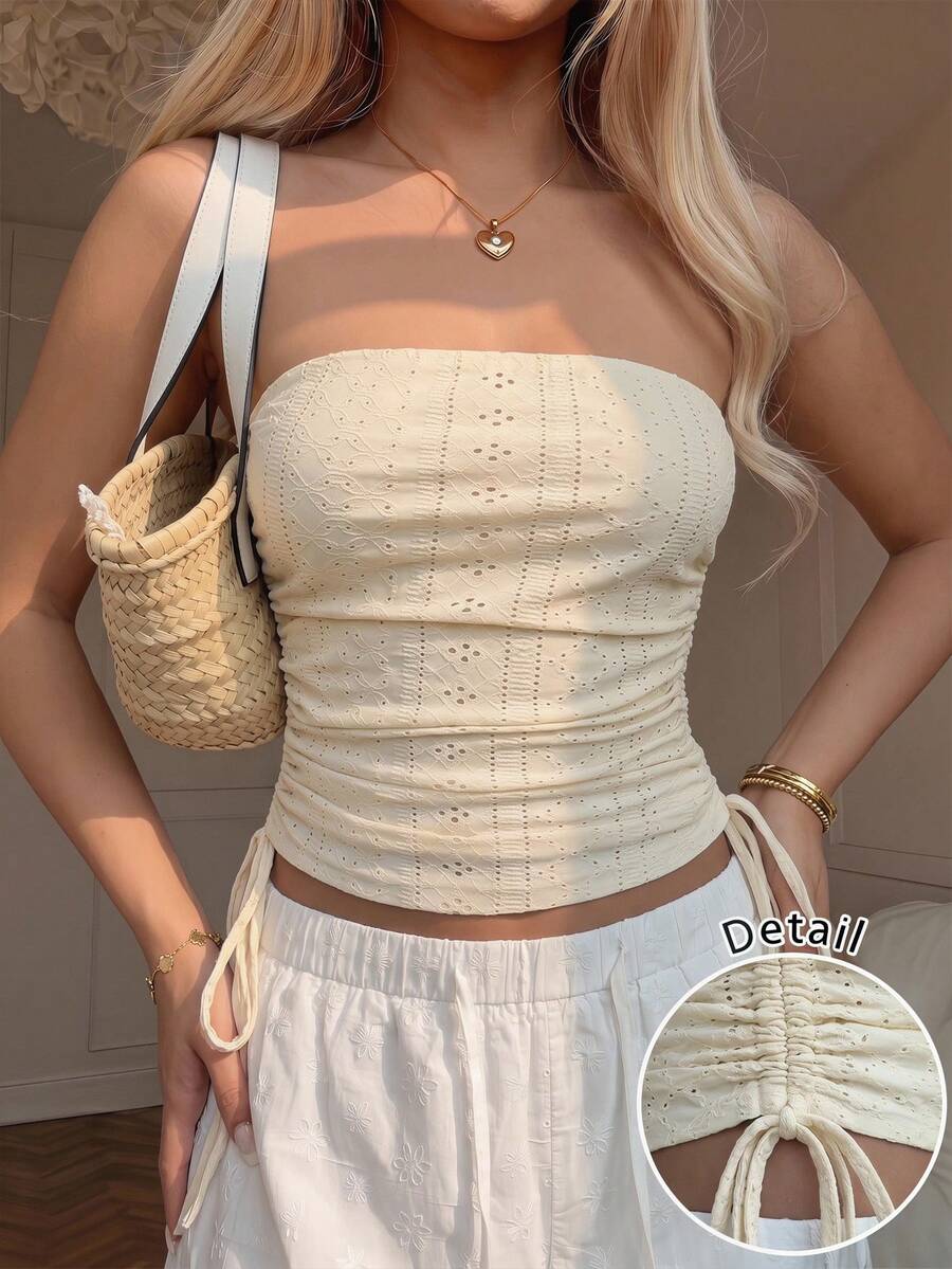 CovetEZ Áo ống ôm sát mùa hè dành cho nữ, chất liệu lưới jacquard, có dây rút bên hông. - Màu vàng ngỗng - Xem 1