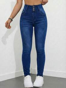 Women's High Stretch Stretch Jeans Tight Blue Set Double Set - Azul Medio Clásico y Azul Denim Intenso - View 4