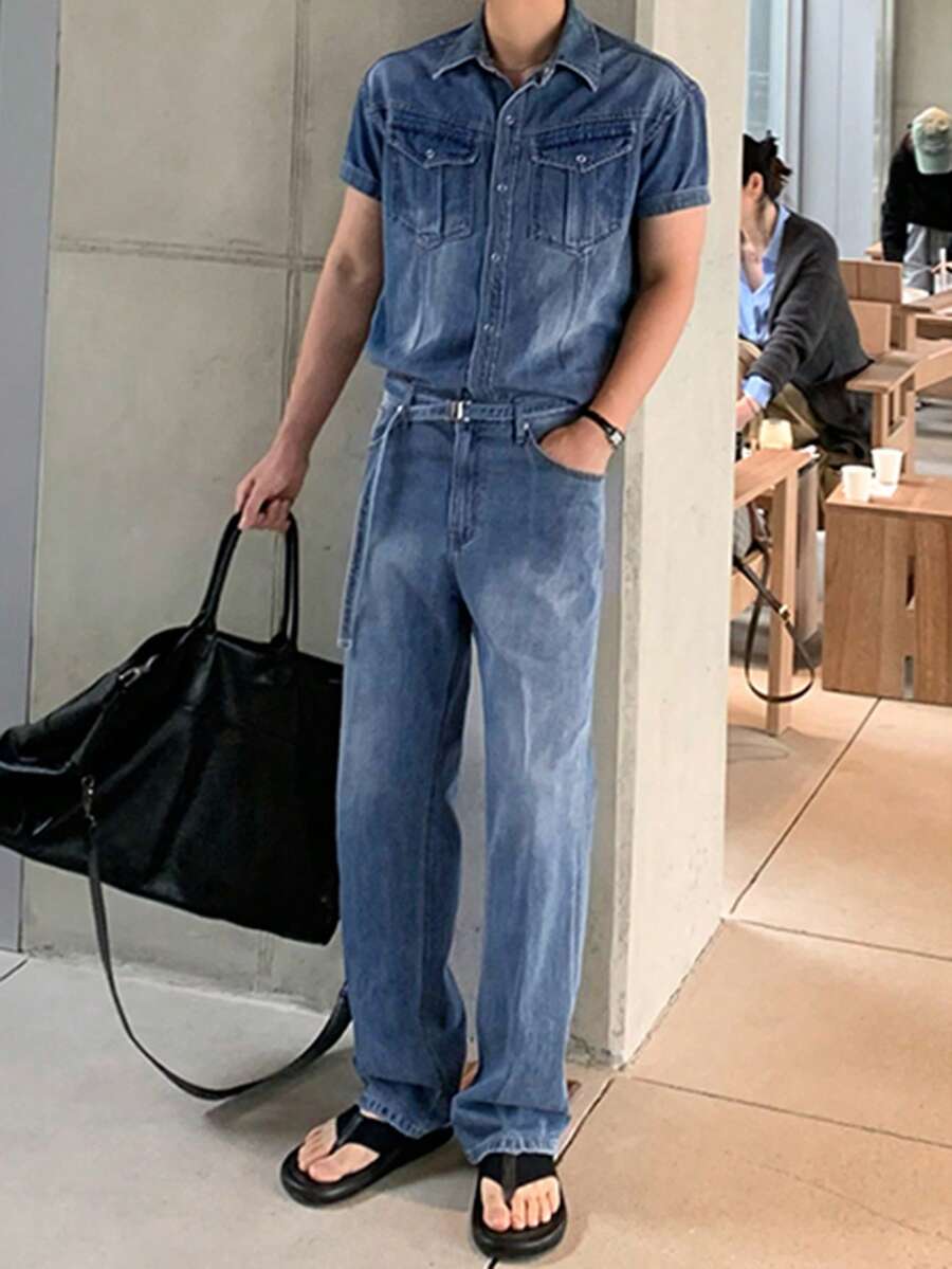 DAZY Men's Washed Blue Denim Short Sleeve Top And Relaxed Fit Pants Set With Belt Design Summer - Blue - View 1