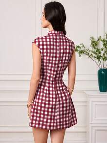 EastFlair Đầm ngắn nữ thanh lịch kẻ caro thắt eo, thích hợp cho mùa hè. - Đỏ và trắng - Xem 8
