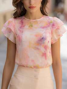 Balvessa Tie Dye Gradient Print Round Neck Double-Layer Cap Sleeve Women Blouse - Multicolor - View 7