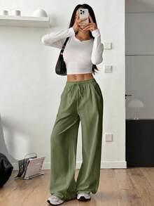 SHEIN PETITE 女士夏季乡村音乐会外出波西米亚海滩度假装扮基本款简约水洗100%纯棉白色弧形裤脚长裤，秋季女装 - 軍綠色 - 查看 8