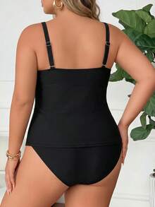 SHEIN CURVE+ Conjunto de tankini de baño de talla grande para mujer de unicolor con pliegues - Negro - Ver 2