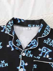 夏季青少年男童时尚“SIX SEVEN”卡通印花睡衣套装，Polo领开衫配白色滚边，短袖上衣+宽松短裤两件套，柔软透气面料，适合男童日常休闲居家穿着，宽松舒适的家居服，适合大龄儿童 - 黑色 - 查看 7