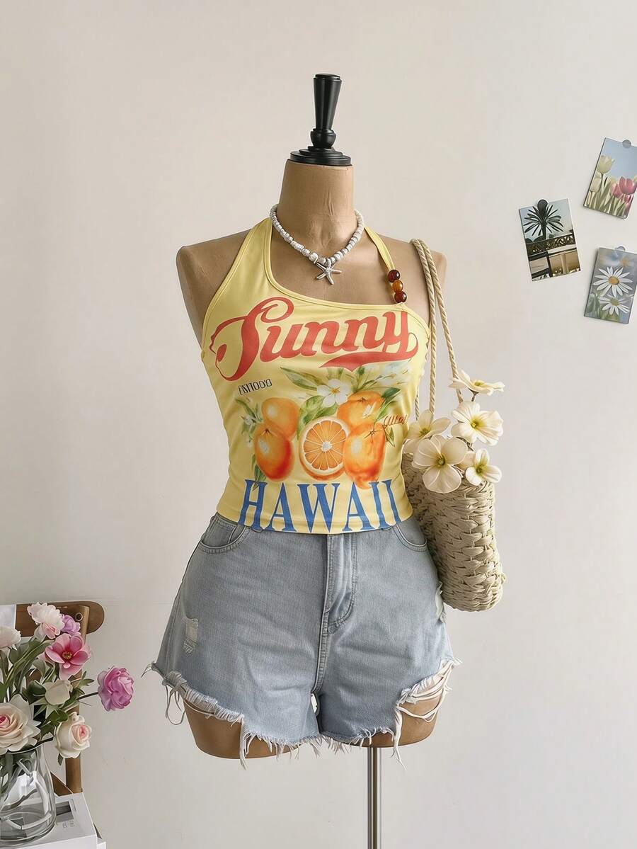 SHEIN MOD Top halter vintage naranja con letras para mujer talla grande, decoración de cuentas, diseño asimétrico, amarillo, verano, vacaciones, Y2K, gótico, hada, country - Amarillo - Ver 1