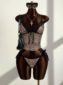 Zestiva Women's Leopard Print Tie Bow Spaghetti Strap Tankini Swimwear Set - Black - View 1