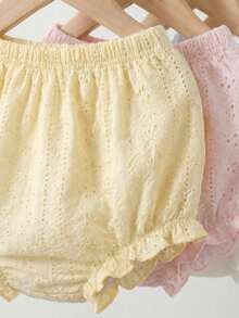 SHEIN Playful Pals 3件組女嬰夏季柔色短褲套裝 米色白色粉色 極簡風格 寬鬆版型 戶外舒適 白色與藍色可愛度假風 - 彩色 - 查看 1