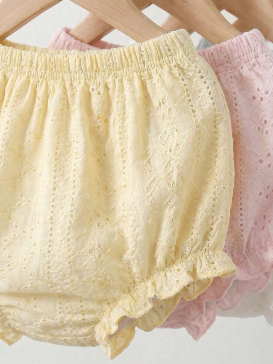 SHEIN Playful Pals 3件組女嬰夏季柔色短褲套裝 米色白色粉色 極簡風格 寬鬆版型 戶外舒適 白色與藍色可愛度假風 - 彩色 - 查看 1