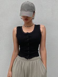 Dazy Star Lace Trim Button Front Tank Top Going Out Tops - Black - View 6