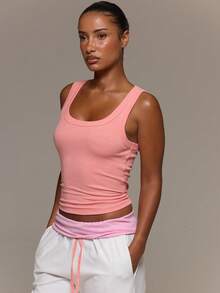 MUSERA ESSENTIALS Ribbed Scoop Neck Fitted Tank Vest Top Cute Everyday Basics Sexy Daily Spring Summer Essential - Coral Orange - View 3