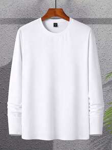 Manfinity Homme Men Solid Round Neck Long Sleeve Tee, Fall - White - View 3