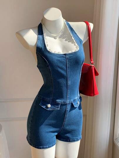 Comfortcana Mono de mezclilla con diseño de botones y escote halter para mujer