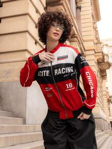 Xuxu's by Gio Letter Pattern Contrast Color Drop Shoulder Bomber Jacket For New Year Clothes Fall Winter Cloth For Women - Red - View 5