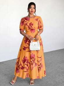 Firerie Spring & Summer Green Tie-Dye Tie Dye Pattern Elegant Maxi Dress With Puff Sleeves, Suitable For Graduation, Renaissance Fair - Orange - View 5