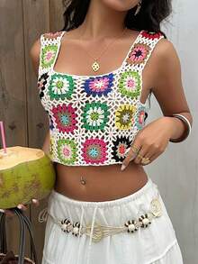 Selianne Cover Up Beach Multicolor Sleeveless Square Neck Crochet Floral Patchwork Hollow-Out Textured Women Sweater Vest Top, Spring/Summer - White - View 3