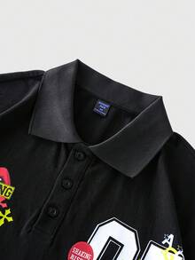 ROMWE MEN Áo polo nam tay ngắn in chữ và số, kiểu dáng thường ngày, đa năng, phù hợp đi làm. - màu đen - Xem 3