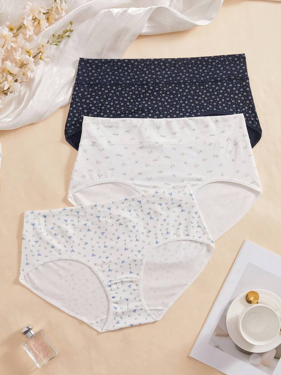 FairyFlirt 3pcs/Pack Plus Size Ditsy Floral Panties Dusty Blue Summer Kawaii - Multicolor - View 1