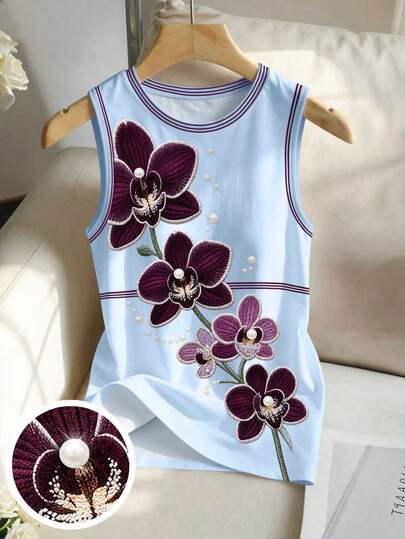Franclia เสื้อกล้ามผู้หญิงคอกลมแขนกุดลายดอกไม้ประดับลูกปัดฟองอากาศ, เสื้อเบลาส์ลำลองประดับลูกปัดใส่สบายสำหรับใส่ในชีวิตประจำวัน