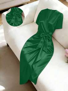 SHEIN Raffinéa Vestido de mujer de satén con escote en V en color rojo picante, con frente cruzado y volantes en el bajo, de manga corta, adecuado para uso diario elegante, salidas glamorosas y citas románticas - Verde - Ver 5