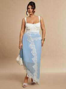 SHEIN BAE Váy nghỉ mát thanh lịch lãng mạn viền ren dành cho nữ cỡ lớn - Màu xanh nhạt - Xem 3