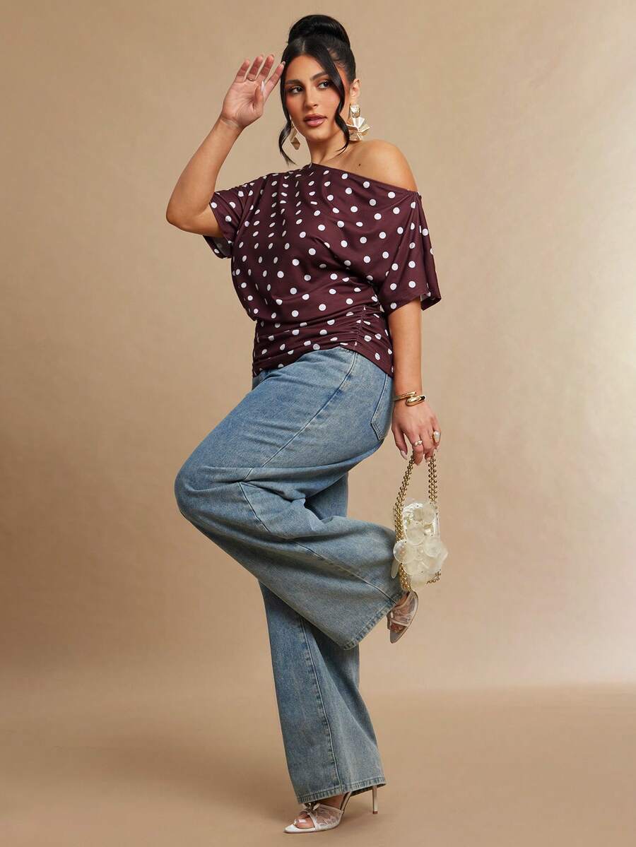 SHEIN BAE Áo nữ cỡ lớn chấm bi, vai lệch, kiểu dáng thường ngày, đa năng, thích hợp mặc hàng ngày. - Nhiều màu - Xem 1