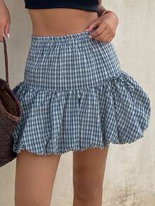 DAZY Plaid Ruffle Mini Skirt, Elastic Waist Fitted Casual Cute Back-To-School Skirt For Girls, Summer Vacation Blue And White - Blue - View 6