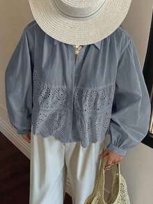 DAZY Women's Embroidered Textured Fabric Lantern Sleeve Collared Short Casual Summer Top Vacation Outfits Women - Blue - View 6