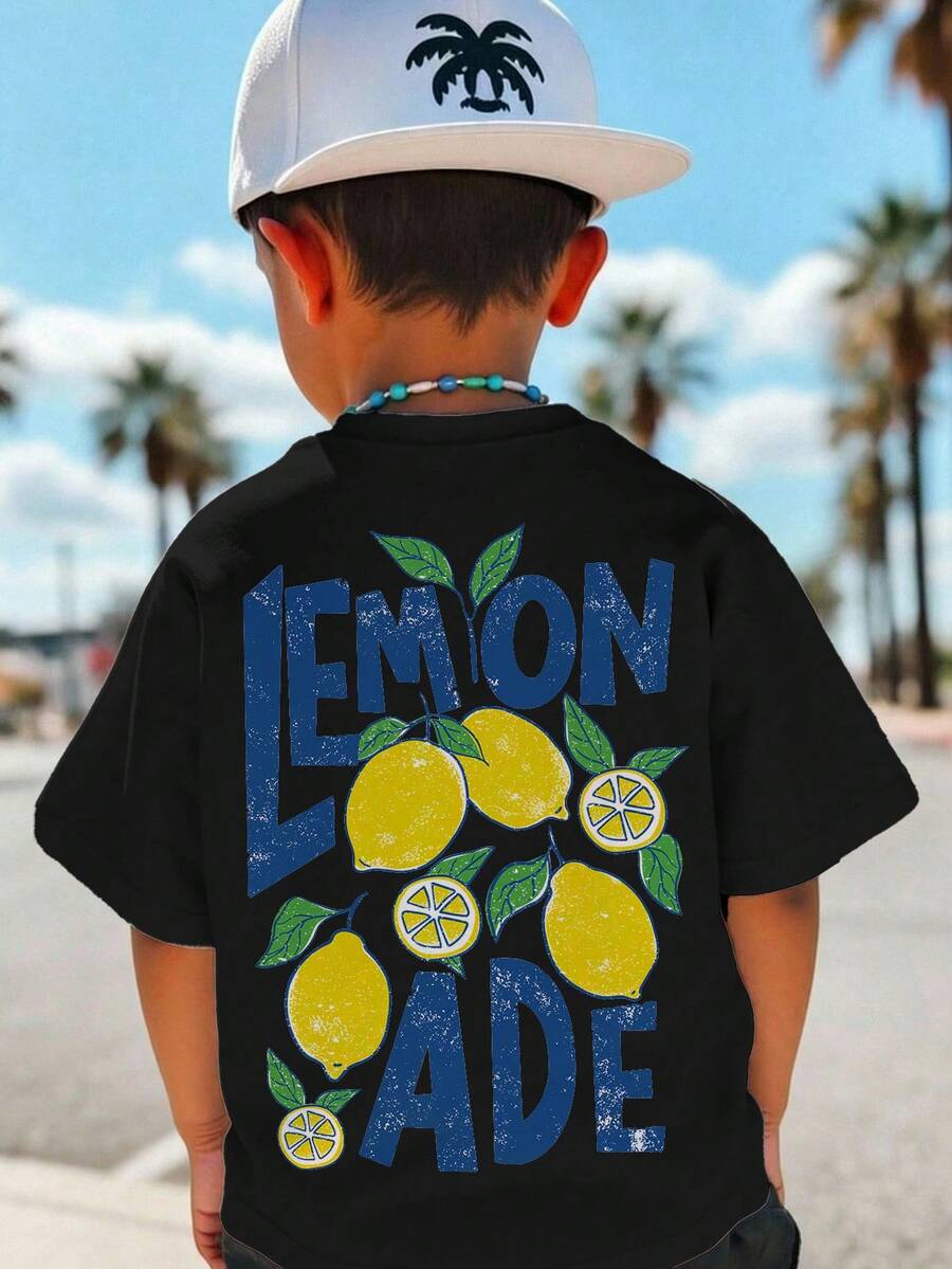 Lemon Print Loose Casual Short Sleeve Round Neck T-Shirt For Young Boy,Suitable Summer,Vacation,Street Style,Daily Wear,Spring&Fashion - Black - View 1