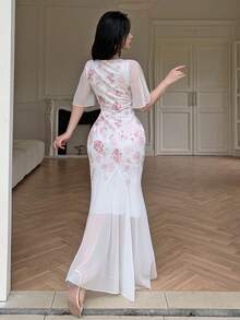 Modelyn Summer Elegant Sexy Lace Chiffon Print Fitted Fishtail Dress Wedding Golf Holiday Boda White - Multicolor - View 3