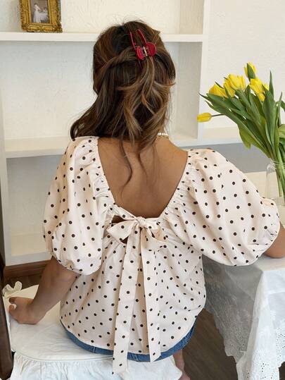 SHEIN Frenchy Summer Casual Polka Dot Print Tie Back Shirt