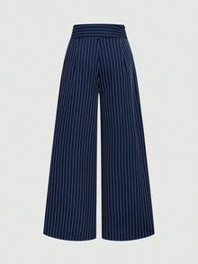Elenzga Nuevos pantalones de estilo coreano de primavera/verano, de moda minimalista y elegante, de lino a rayas azul y blanco, de cintura alta, estilizadores, de pierna recta holgada y casual para mujeres - Azul Marino - Ver 6