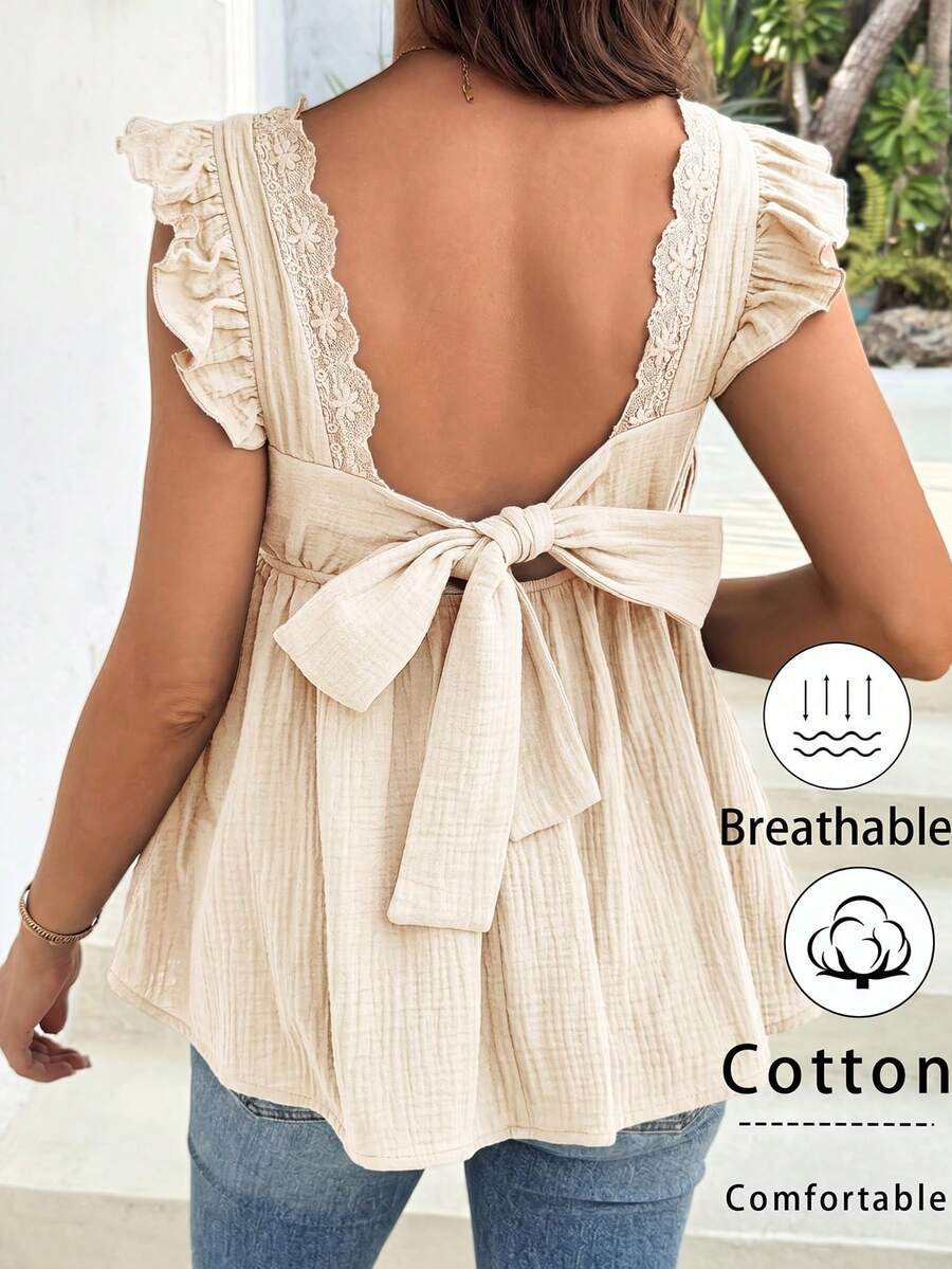 SHEIN Áo bầu cổ chữ V trơn, xếp ly, kiểu dáng thường ngày, đa năng. - Màu be - Xem 1