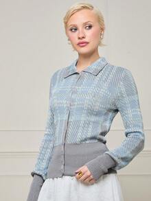 COUREZ Long Sleeve Plaid Pattern Fitted Knit Cardigan , Y2K Vintage Elegant Autumn For Women , Party School Office Rave Fall - Multicolor - View 6