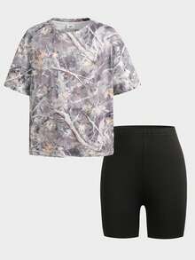 SHEIN 2 Stücke/Set Tween Mädchen Sommer Quetschbar Vintage Trockenes Blatt Muster Strick T-Shirt + Leggings Set, Lässige Alltags Mode vielseitiger Outfit für Ausflüge, Reisen, Camping, Fotoshootings, Passende Familienoptik - Grün - Übersicht 4
