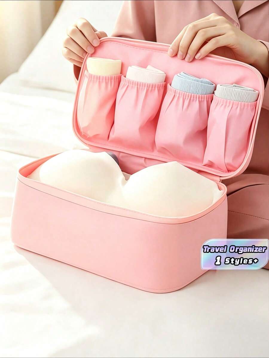 1pc 9.4inch Portable Toiletry Travel Bag, Divided Storage Bag For Underwear, Convenient And Practical, Can Be Used To Classify Clothes And Personal Items, Travel Storage,Solid Waterproof Underwear & Diapers Luggage Organizer For Travel,Holiday,Back To School Christmas For Holiday Gift Giving,Boho Vibes - Pink - View 1