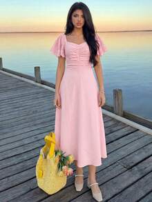 Modelyn 女士黄色梭织短袖收腰A字褶皱优雅浪漫中长连衣裙，春夏款 - 粉色 - 查看 4
