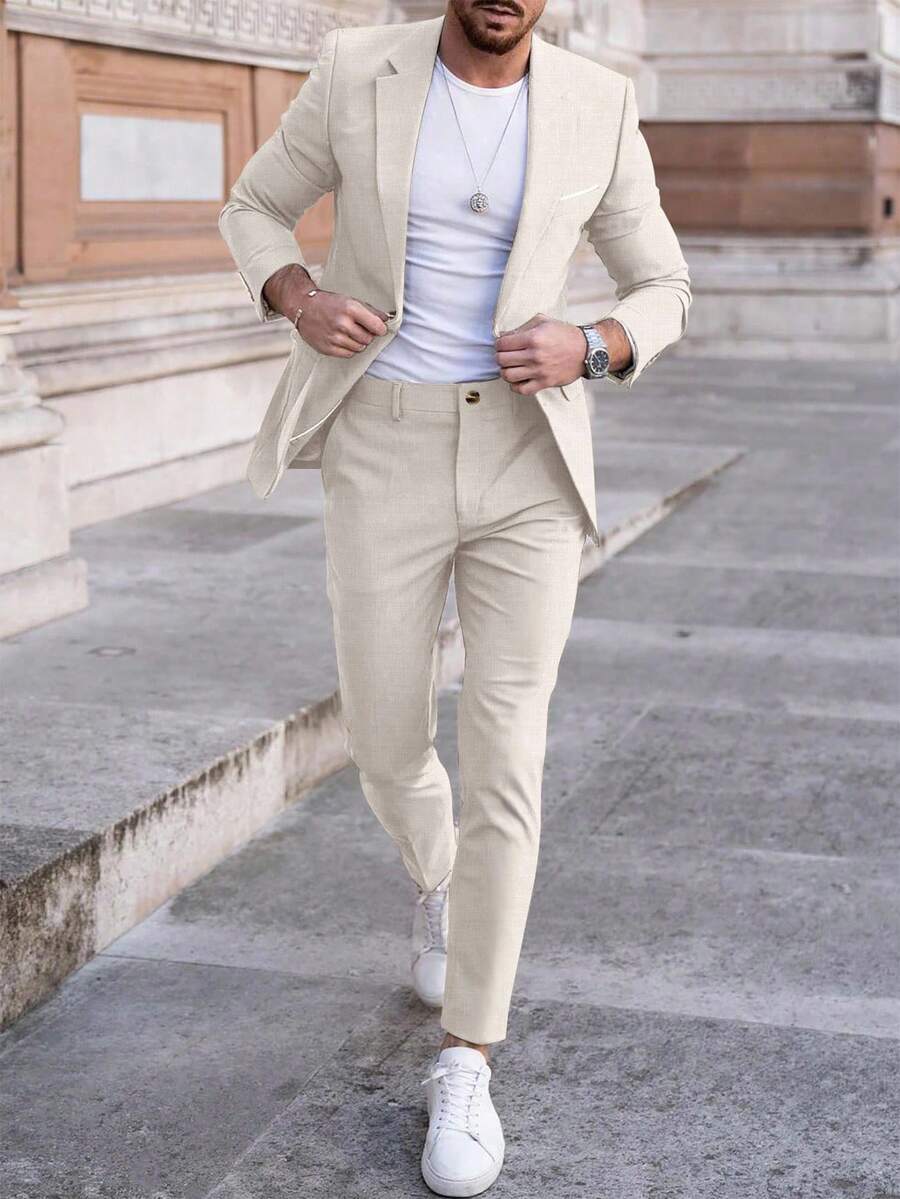 Manfinity Mode 2pcs Men's Solid Color Suit Set (Jacket & Trousers) Formal - Apricot - View 1