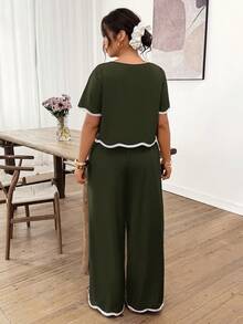Lounesse Plus Size Women Holiday Round Neck Embroidered Ruffle Hem Blouse And Pocket Pants 2 Pieces Set - Dark Green - View 2