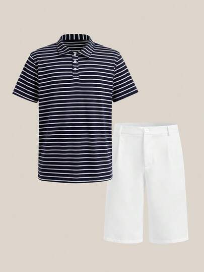 VeloEdit Conjunto casual de camisa polo de manga corta a rayas y pantalones cortos para hombre