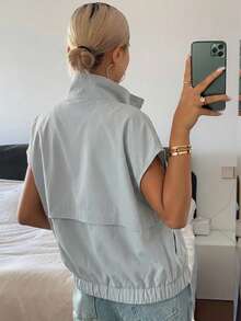 DAZY 女款翻領無袖短版街頭休閒背心式薄外套，適合學校夏季穿著 - 藍色 - 查看 3