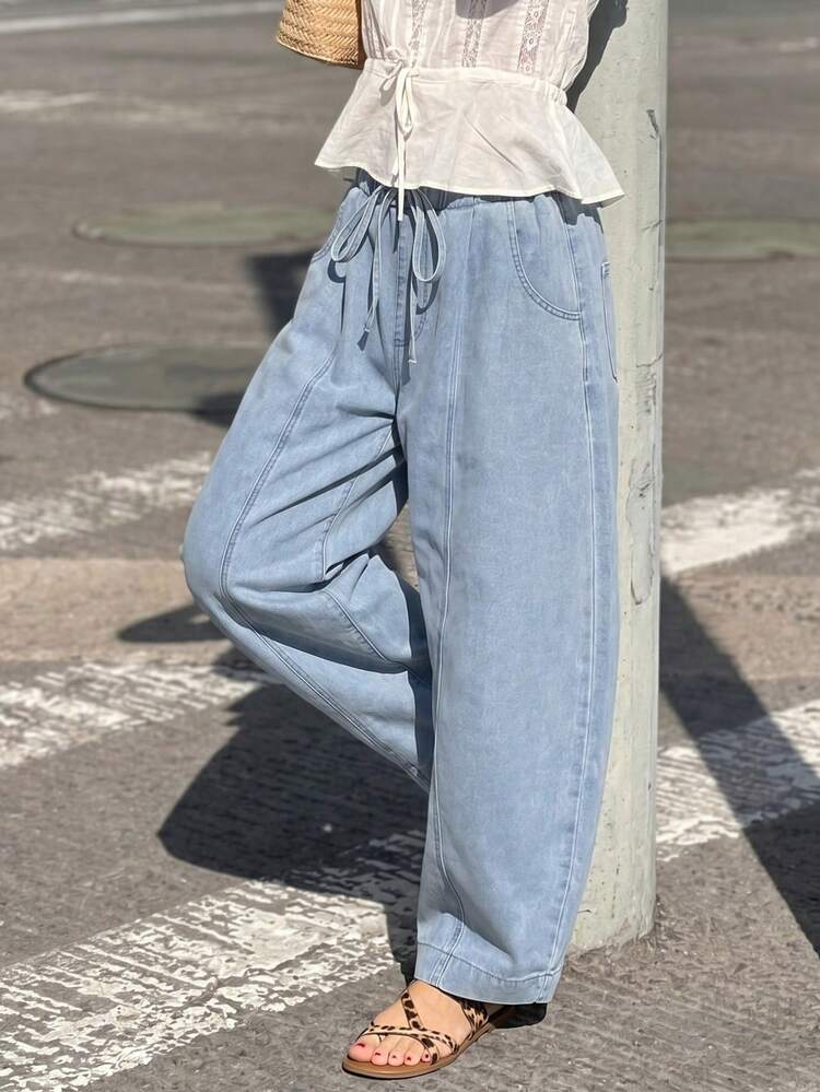 Women's Drawstring Waist Pocket Casual Versatile Daily Wear Jeans