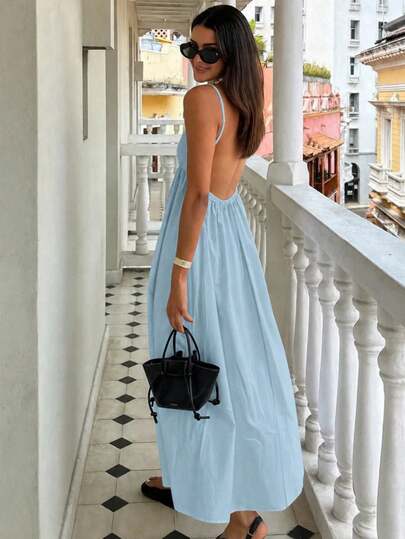 Cévolie Đầm hai dây hở lưng tối giản màu trơn dành cho nữ, thích hợp mặc hàng ngày.