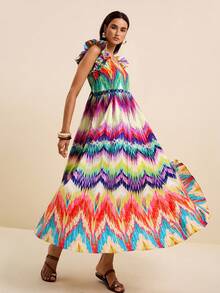 SURIMA Women's Spring/Summer Vacation Crochet Colorful Textured Print Square Neck Ruffle Strap Straight Print Dress - Multicolor - View 5