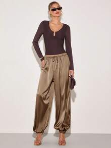 COSMINA Women's Satin Casual Tie-Up Pants, Versatile - Camel - View 7